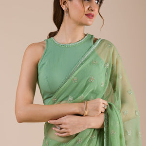 Pista Green Threadwork Chiffon Saree