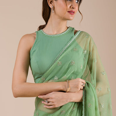 Pista Green Threadwork Chiffon Saree