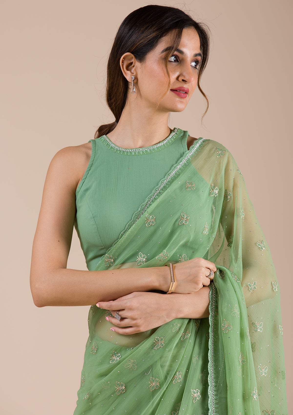 Pista Green Threadwork Chiffon Saree