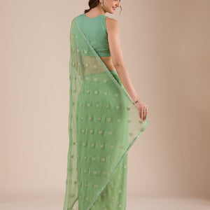 Pista Green Threadwork Chiffon Saree