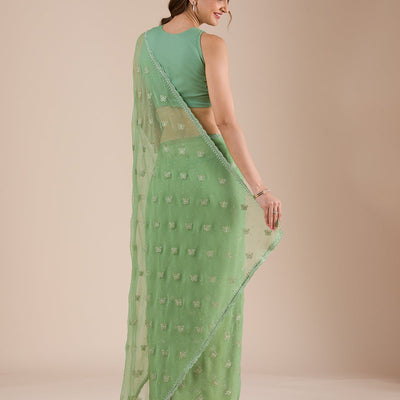 Pista Green Threadwork Chiffon Saree