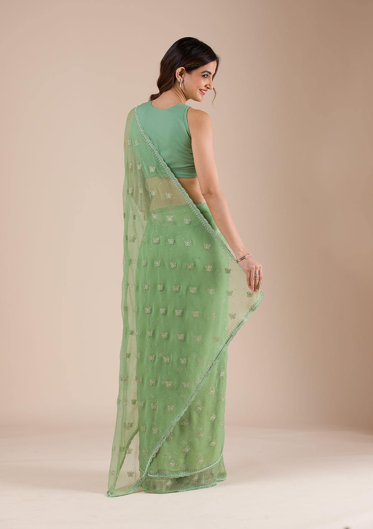 Pista Green Threadwork Chiffon Saree