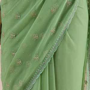 Pista Green Threadwork Chiffon Saree