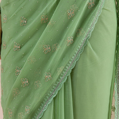 Pista Green Threadwork Chiffon Saree