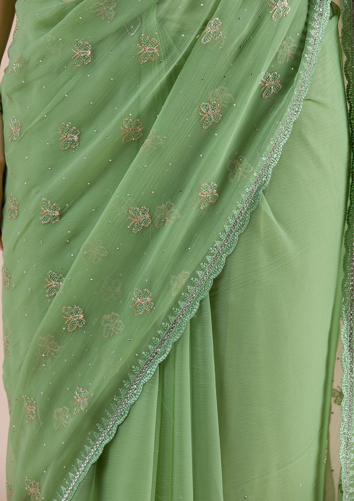 Pista Green Threadwork Chiffon Saree