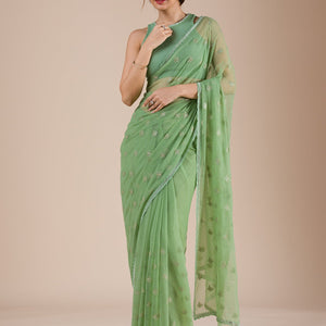 Pista Green Threadwork Chiffon Saree