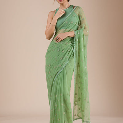 Pista Green Threadwork Chiffon Saree