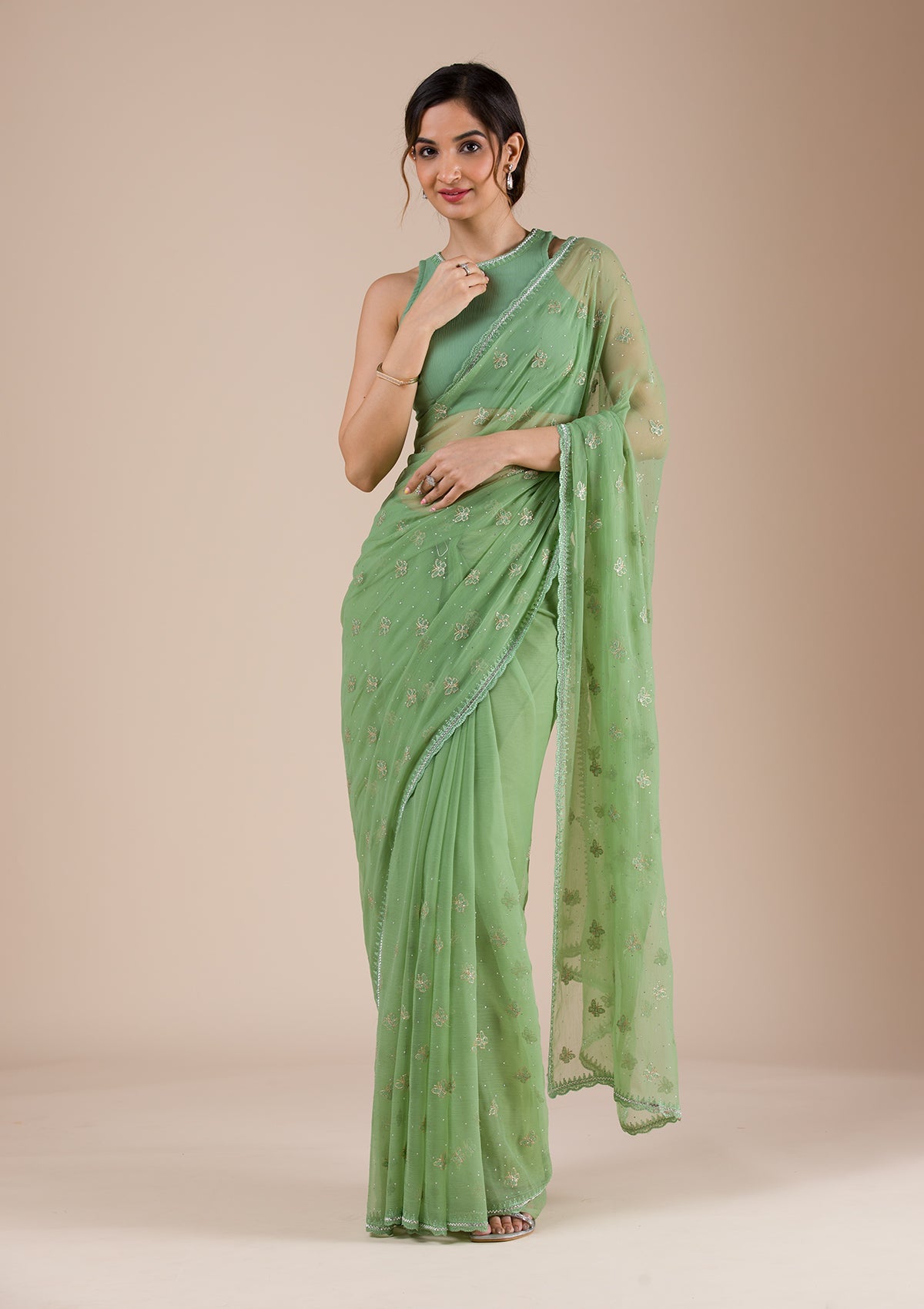Pista Green Threadwork Chiffon Saree
