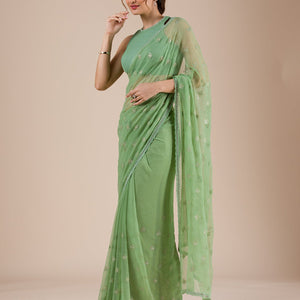 Pista Green Threadwork Chiffon Saree