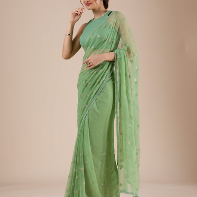 Pista Green Threadwork Chiffon Saree
