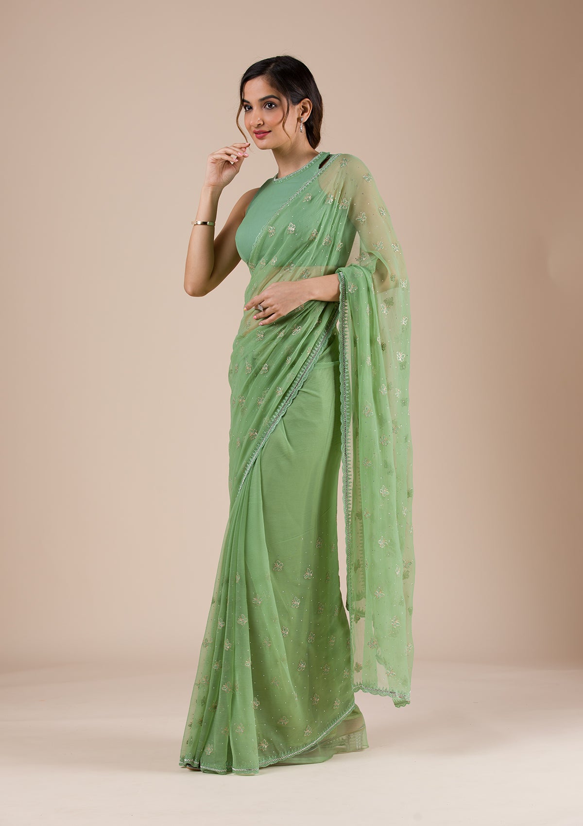 Pista Green Threadwork Chiffon Saree