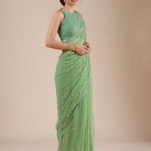 Pista Green Threadwork Chiffon Saree