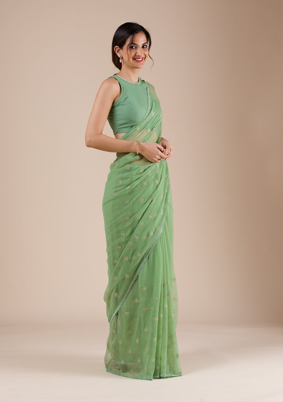 Pista Green Threadwork Chiffon Saree