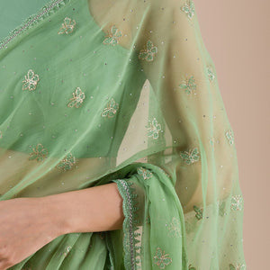 Pista Green Threadwork Chiffon Saree