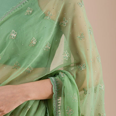 Pista Green Threadwork Chiffon Saree