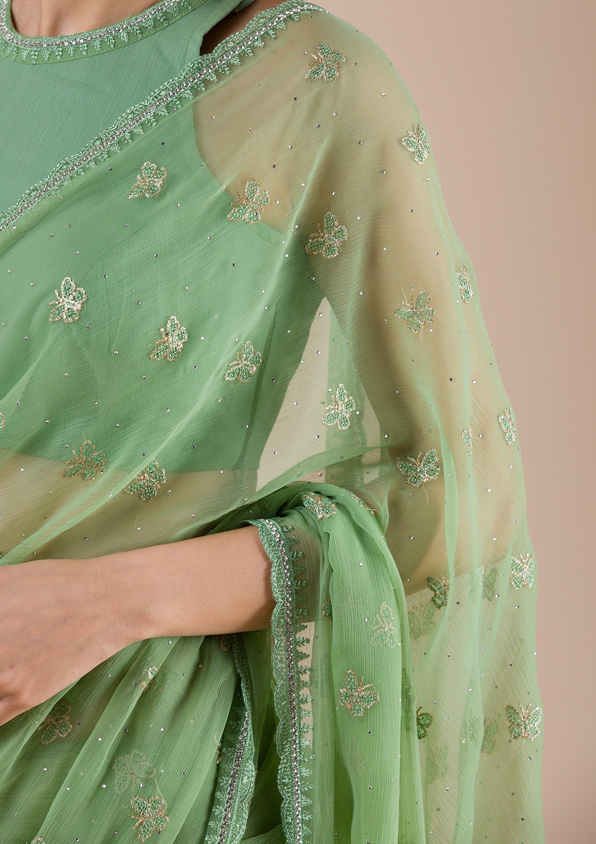 Pista Green Threadwork Chiffon Saree