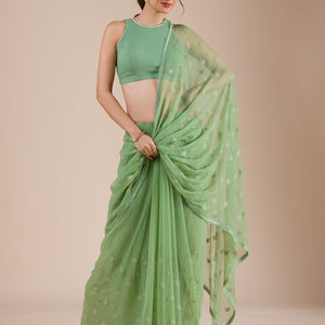 Pista Green Threadwork Chiffon Saree