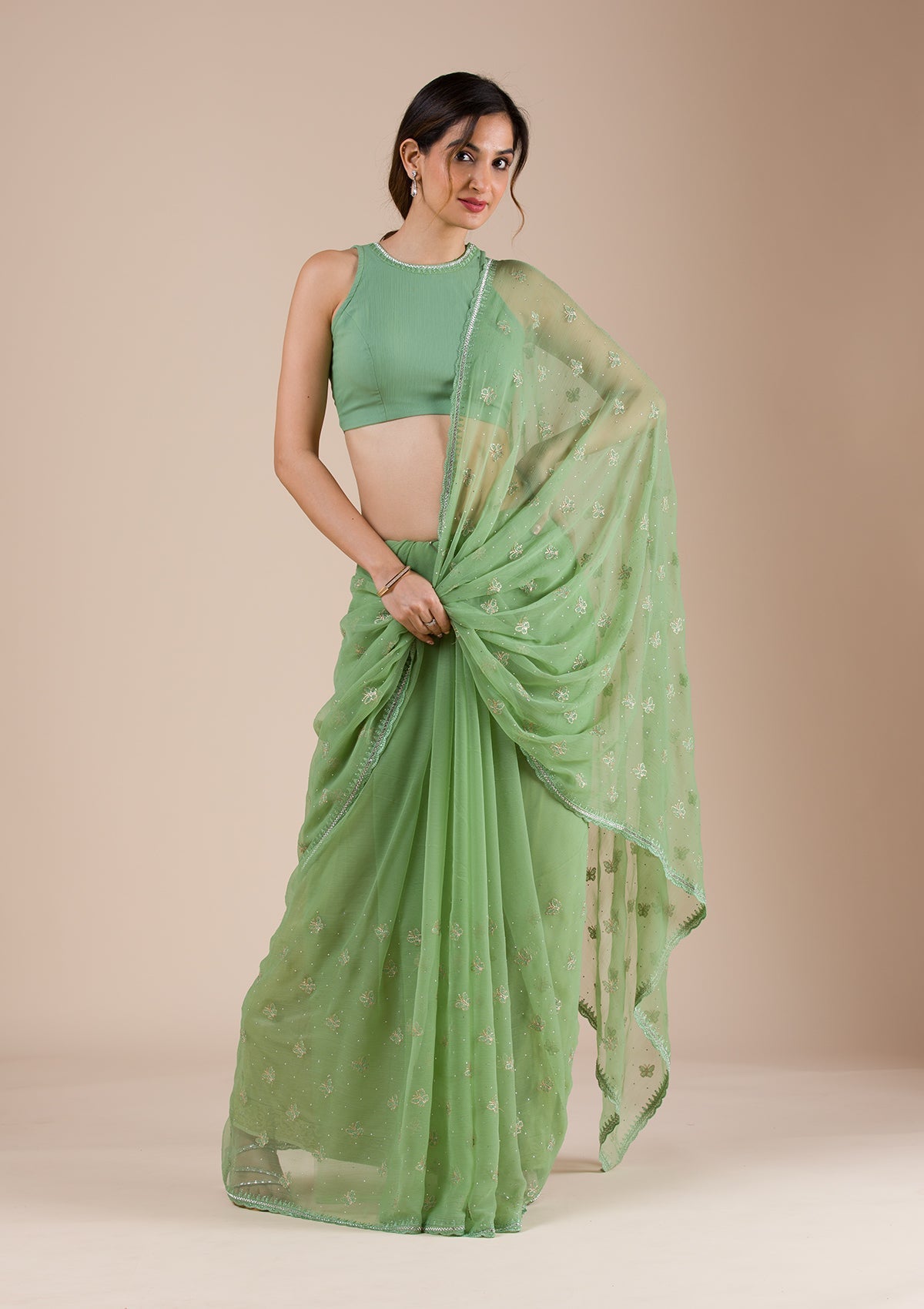 Pista Green Threadwork Chiffon Saree