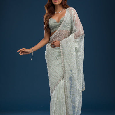 Pista Green Stonework Tissue Saree