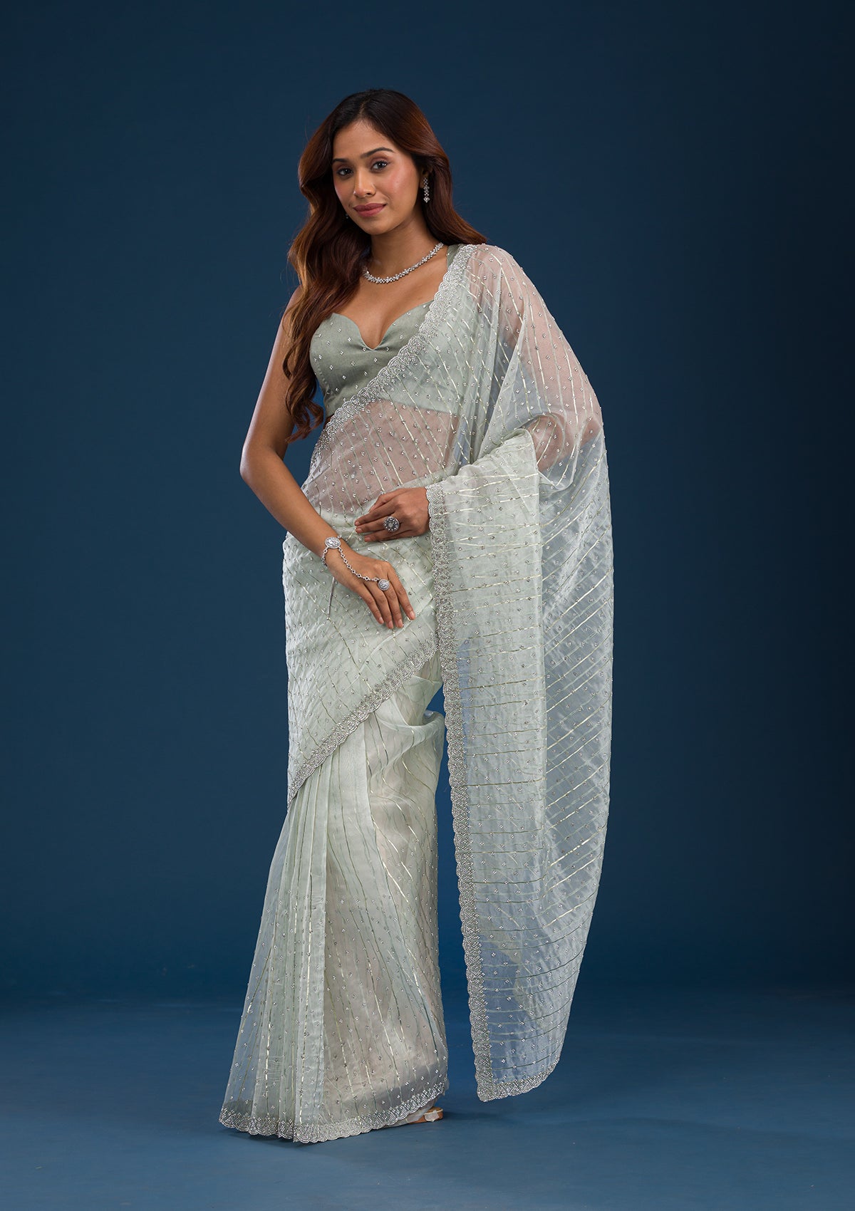 Pista Green Stonework Tissue Saree
