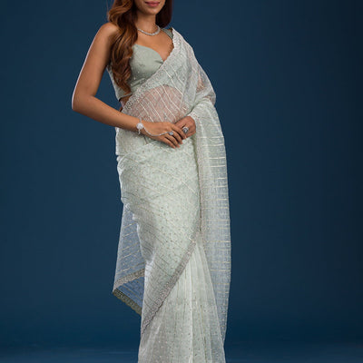 Pista Green Stonework Tissue Saree