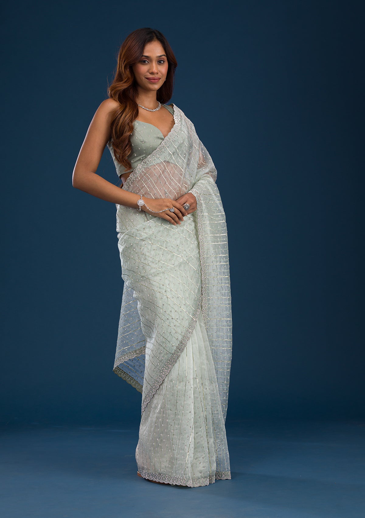 Pista Green Stonework Tissue Saree