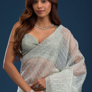 Pista Green Stonework Tissue Saree