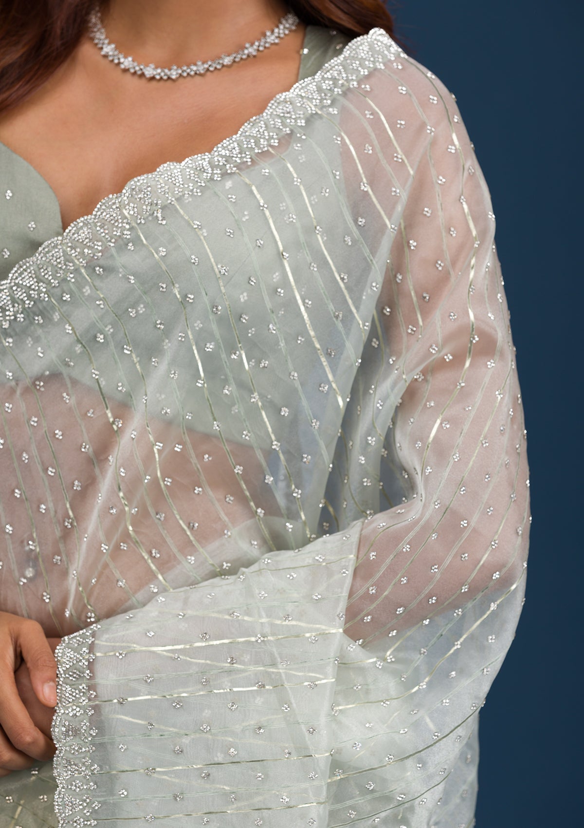 Pista Green Stonework Tissue Saree