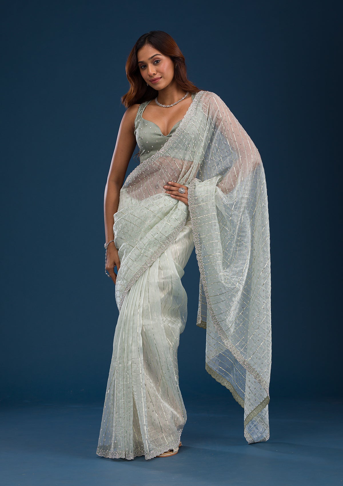 Pista Green Stonework Tissue Saree