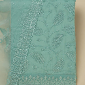 Pista Green Threadwork Organza Unstitched Salwar Suit