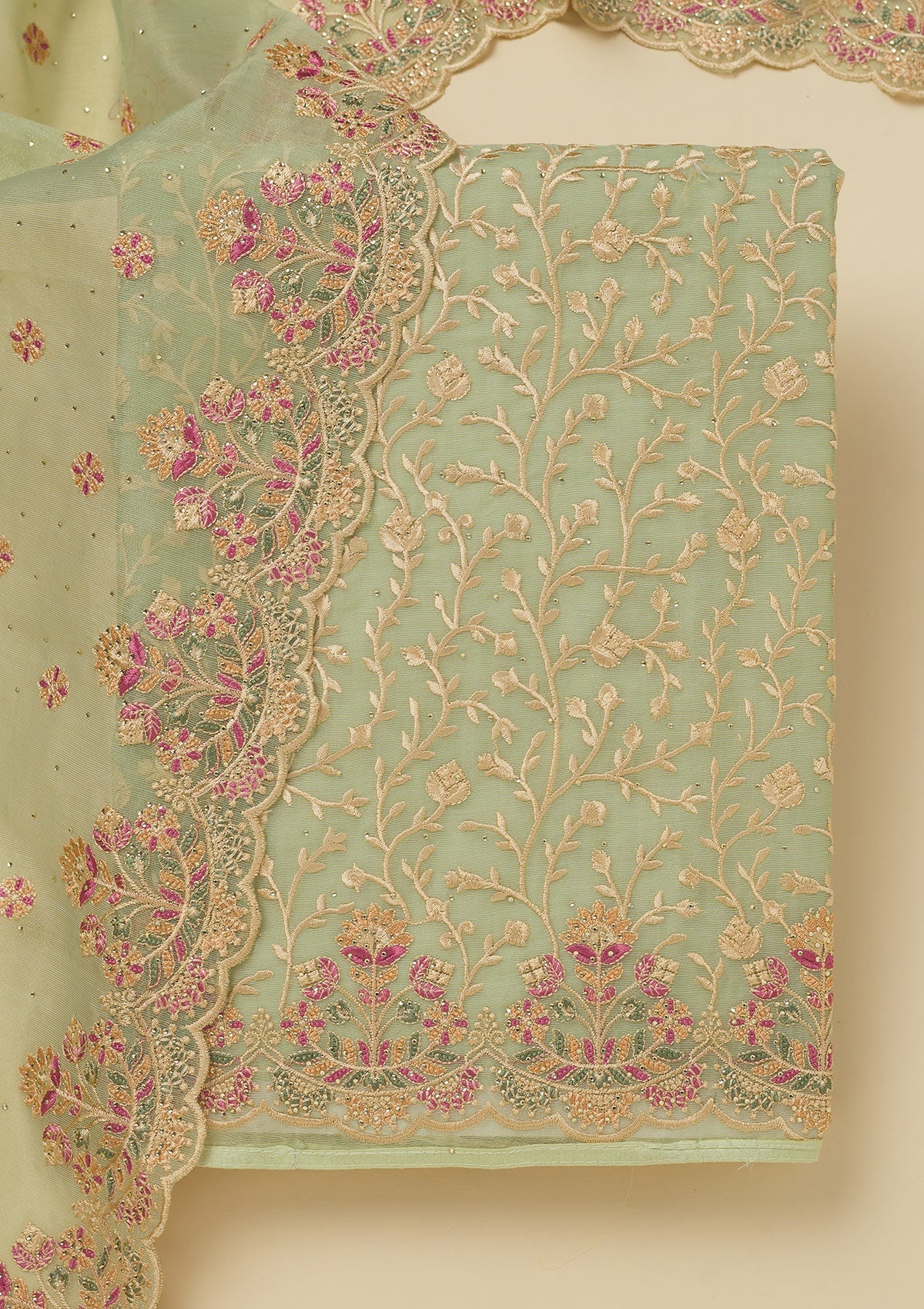 Pista Green Threadwork Organza Unstitched Salwar Suit