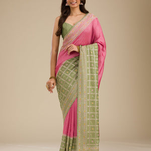 Pista Green Threadwork Soft Silk Saree