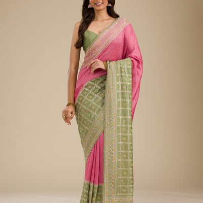 Pista Green Threadwork Soft Silk Saree