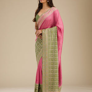 Pista Green Threadwork Soft Silk Saree
