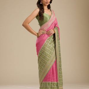 Pista Green Threadwork Soft Silk Saree