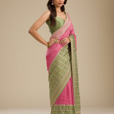 Pista Green Threadwork Soft Silk Saree