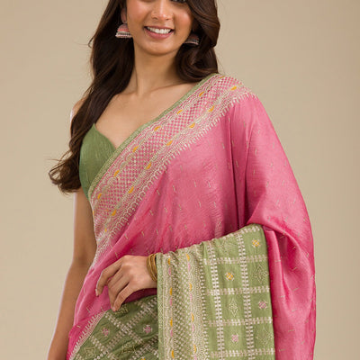 Pista Green Threadwork Soft Silk Saree