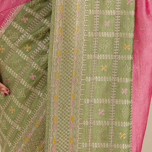 Pista Green Threadwork Soft Silk Saree