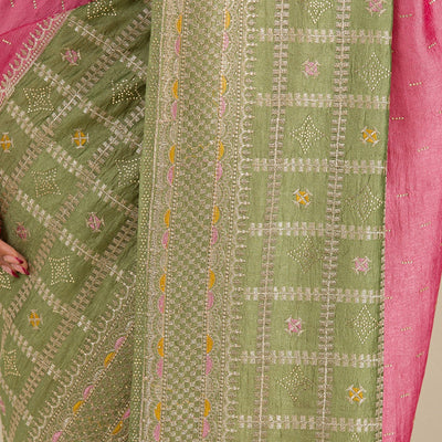 Pista Green Threadwork Soft Silk Saree
