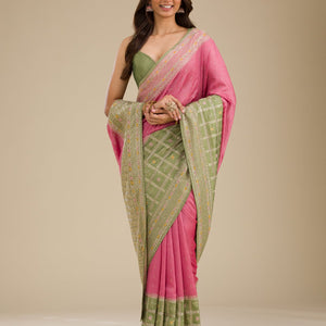 Pista Green Threadwork Soft Silk Saree