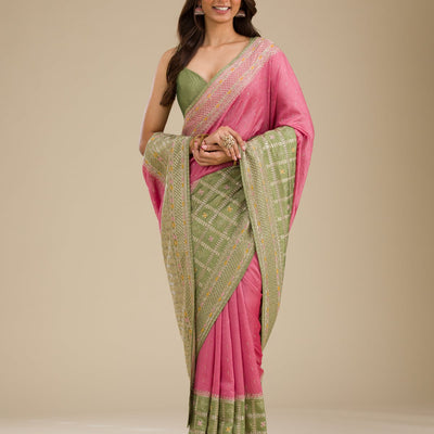 Pista Green Threadwork Soft Silk Saree