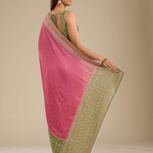 Pista Green Threadwork Soft Silk Saree