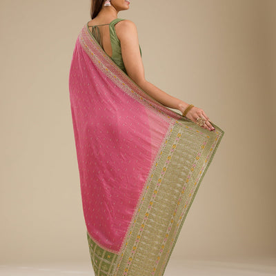 Pista Green Threadwork Soft Silk Saree