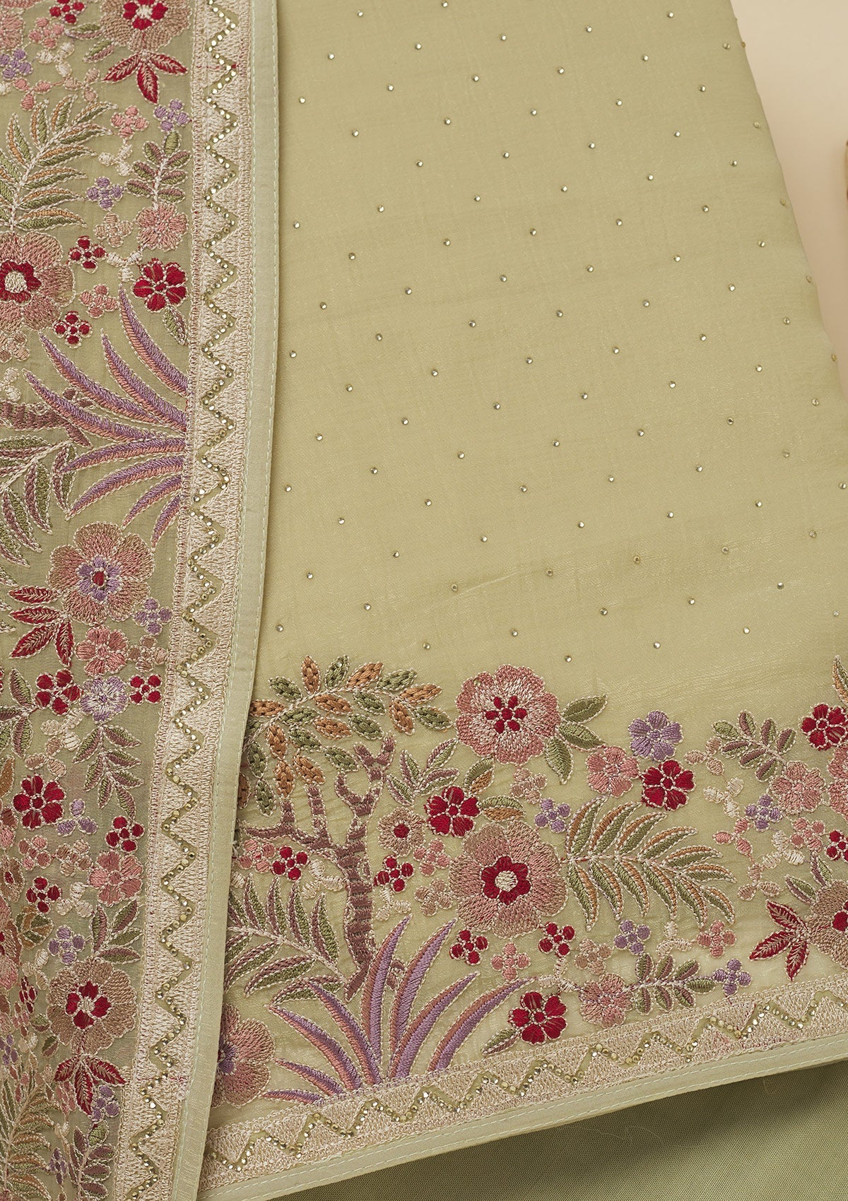 Pista Green Threadwork Tissue Unstitched Salwar Suit