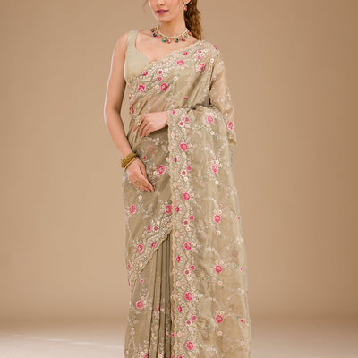 Pista Green Threadwork Tissue Saree
