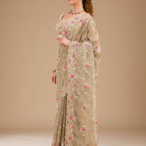 Pista Green Threadwork Tissue Saree