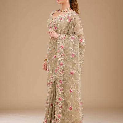 Pista Green Threadwork Tissue Saree