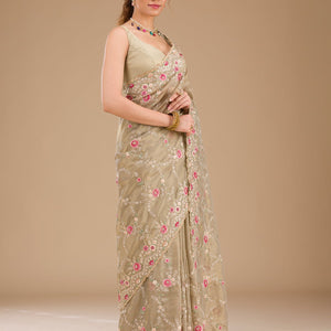 Pista Green Threadwork Tissue Saree