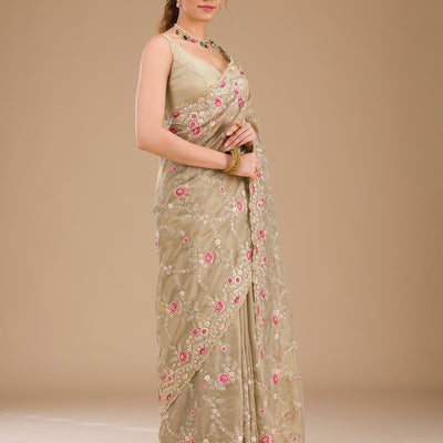 Pista Green Threadwork Tissue Saree