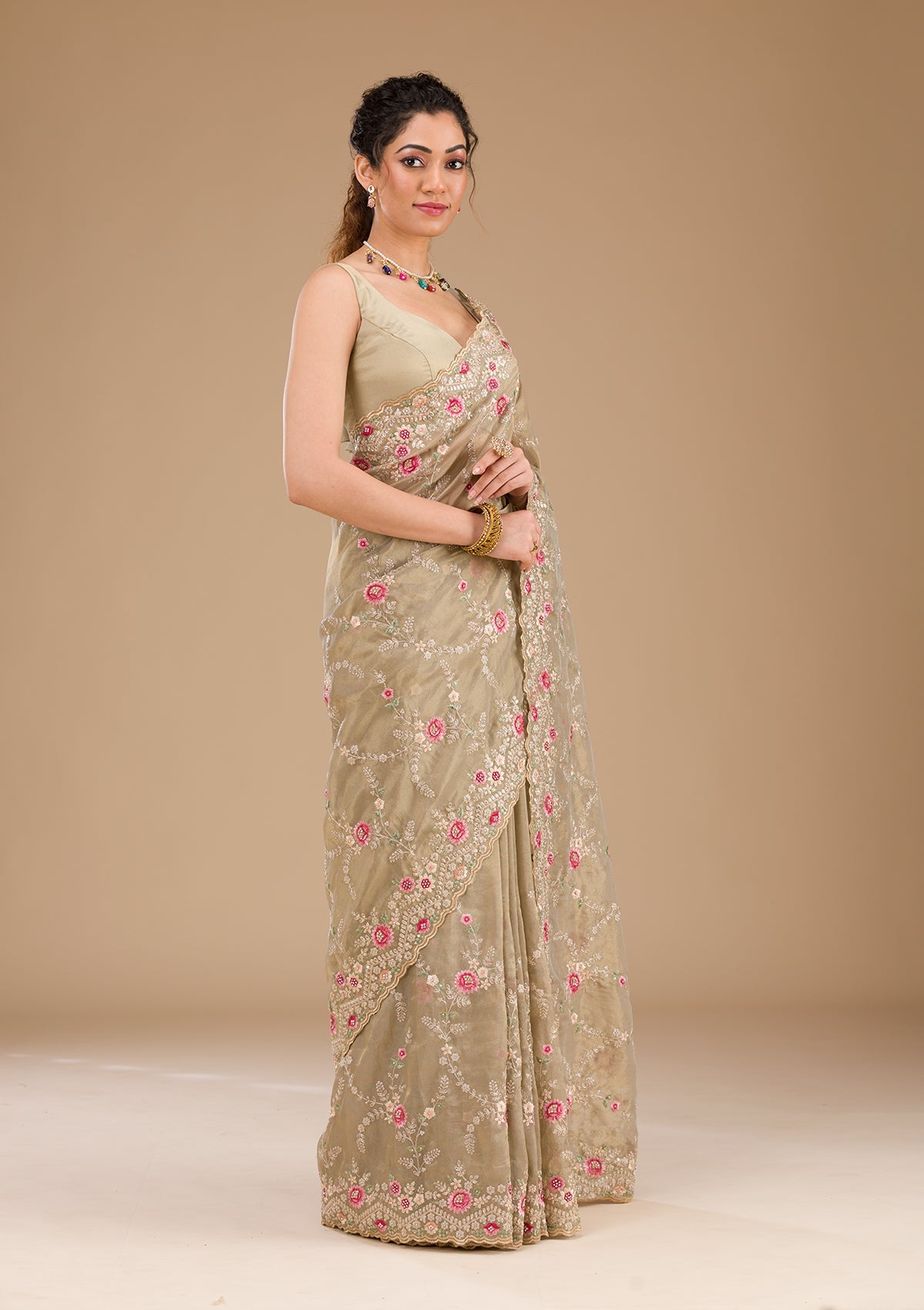 Pista Green Threadwork Tissue Saree